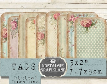Etiquetas imprimibles para diario con fondo shabby chic de rosas pastel. Descargar hoja de collage digital T136