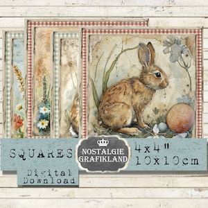 Rabbits Squares printable Bunnies Easter Country Coaster 4x4 inch Instant Download digital collage sheet TG144