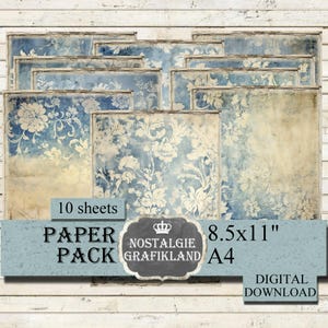 SHABBY FADED BLUE digital Papers printable Paper Pack Damask Floral Ornaments Prints 8.5x11" PP015