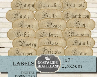JOURNAL Words Labels Junk Journaling Ephemera Phrasen Vintage Elements Scrapbook digital sheet E026