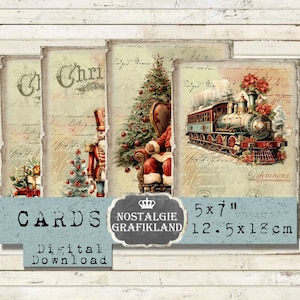 Cartões de cumprimentos de Natal para impressão Papai Noel Trem Quebra-nozes Natal digital Vintage Journaling 5x7 Baixar colagem digital G081
