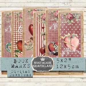 Valentines Day Bookmarks Valentine red printable Shabby Chic Hearts Love Vintage Paper Download digital collage sheet BM003