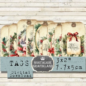 Christmas  Labels Tags printable Shabby Chic Holly Gift Tags prints Elements Add on Journaling Download digital collage sheet T223