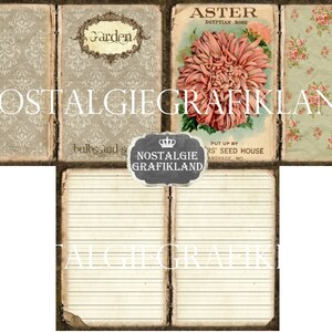 May include: A vintage-style garden journal with a floral design. The cover features a floral pattern with the words "Garden" and "Aster" in a decorative font. The inside pages are lined for writing.