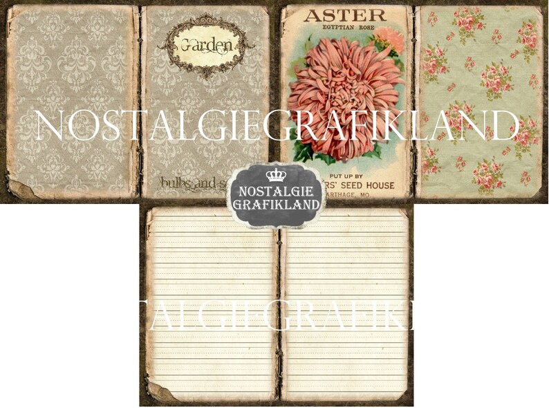 May include: A vintage-style garden journal with a floral design. The cover features a floral pattern with the words "Garden" and "Aster" in a decorative font. The inside pages are lined for writing.