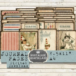 CIRCUS Journal Pages imprimíveis Livro Papéis Harlequin Clown Junk Journal Livreto vintage Download instantâneo folha de colagem digital JPB011
