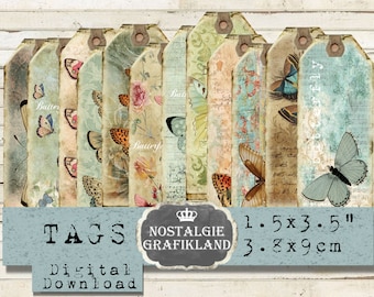 Butterfly Journal Tags Vintage Butterflies printable Old Papers narrow Tags digital collage sheet T048