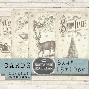Winter Karten digital Reh Hirsch Tanne Tannenbaum Schlitten 15x10 cm Instant Download digital collage sheet Schlittenfahrt D234