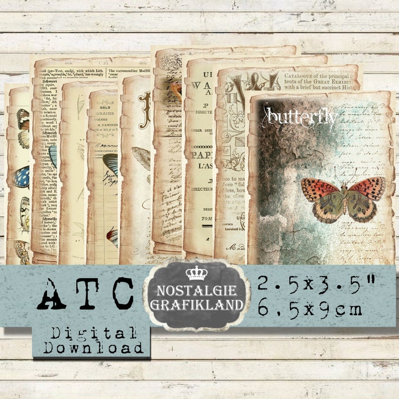 K&ouml;nnte beinhalten: Ein digitaler Download von sechs Vintage-Papiertexturen mit Schmetterlings-Illustrationen und Text. Die Papiertexturen sind in Braun-, Beige- und Blaut&ouml;nen gehalten. Der Text enth&auml;lt die W&ouml;rter "Schmetterling", "Katalog", "Gro&szlig;e Ausstellung", "Direkt", "Pap", "L'as", "Tom" und "Gemacht". Die Papiertexturen sind 2,5 x 3,5 Zoll oder 6,5 x 9 Zentimeter gro&szlig;.