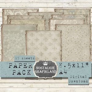 GREY EPHEMERA printable Background Paper Pack Vintage Damask Baroque Papers digital Journaling Download digital sheet 8.5x11&quot; PP039
