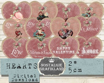 Valentine Hearts Red Shabby Chic plakboekversieringen Instant Download digitaal collageblad H109