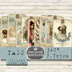 Dogs printable Tags Pets Puppy Shabby Chic Paper Animals Domestic Pug Dog Journaling pirints Instant Download digital collage sheet T032