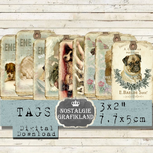 Dogs printable Tags Pets Puppy Shabby Chic Paper Animals Domestic Pug Dog Journaling pirints Instant Download digital collage sheet T032