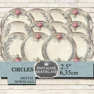 Molduras e Círculos para Imprimir, Guirlanda Estilo Shabby Chic, Editável, Vintage, 2,5", Baixe a folha digital C192