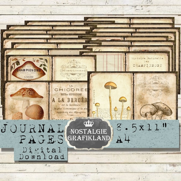 MUSHROOMS Journal Pages Toadstool Champignons Vintage Mycology Botanic Garden Autumn Book Ephemera printable digital collage sheet JPB020