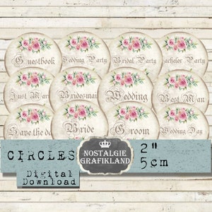 Cerchi nuziali 2 pollici Shabby Chic Floral Marriage Words Journaling Download immediato foglio di collage digitale C071