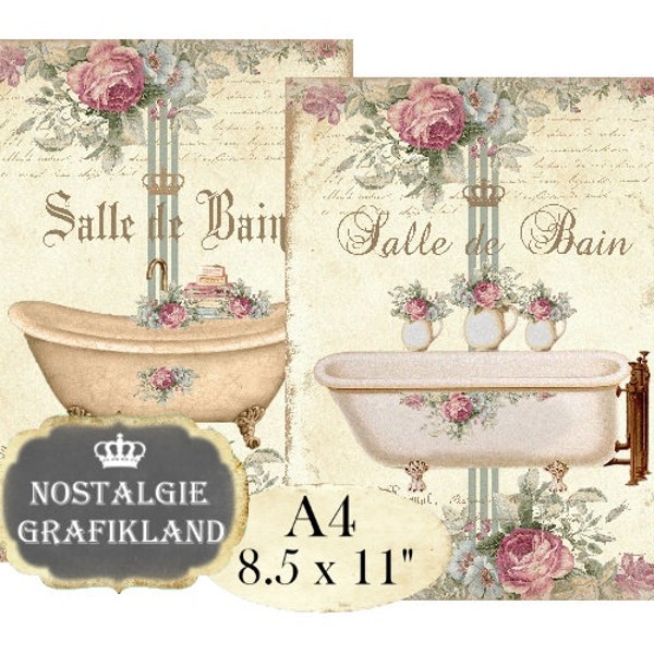 Bath Shabby Chic Salle de Bain Bathroom A4 Instant Download digital collage sheet A111