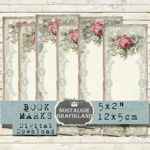 Puede incluir: Conjunto de cinco marcapáginas de estilo vintage con diseños florales. Cada marcapáginas presenta un delicado borde de encaje y un motivo floral con rosas rosas y hojas verdes. Los marcapáginas miden 5 x 2 pulgadas o 12 x 5 centímetros.