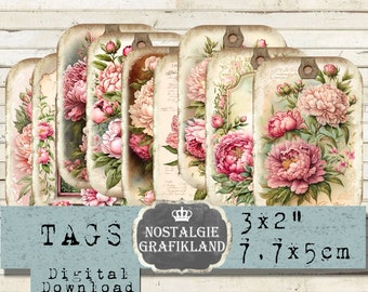 Peonies Tags printable Shabby Chic prints Flowers Floral Botanical Journaling Download digital sheet T005