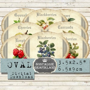 Etiquetas de frutas Mermelada imprimible Etiquetas ovaladas Fresas Arándanos Mermelada Oval 3.5x2.5 pulgadas descargar hoja de collage digital O83