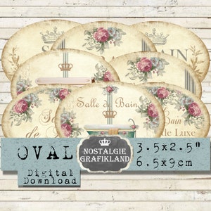 Salle de Bain Français Bath Le Bain Bathroom Oval Labels Shabby Chic Journaling 3.5x2.5 pouces Téléchargement instantané feuille de collage numérique O156