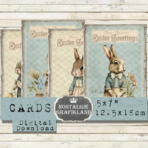 Cartes de lapins éphémères imprimables de Pâques, journalisation vintage de 5 x 7 pouces, feuille de collage numérique à télécharger G097