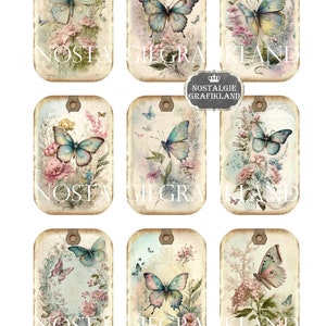 May include: Nine vintage-style gift tags with a watercolor design featuring butterflies and flowers. The tags are rectangular and have a distressed, aged look. Each tag has a hole at the top for string or ribbon.