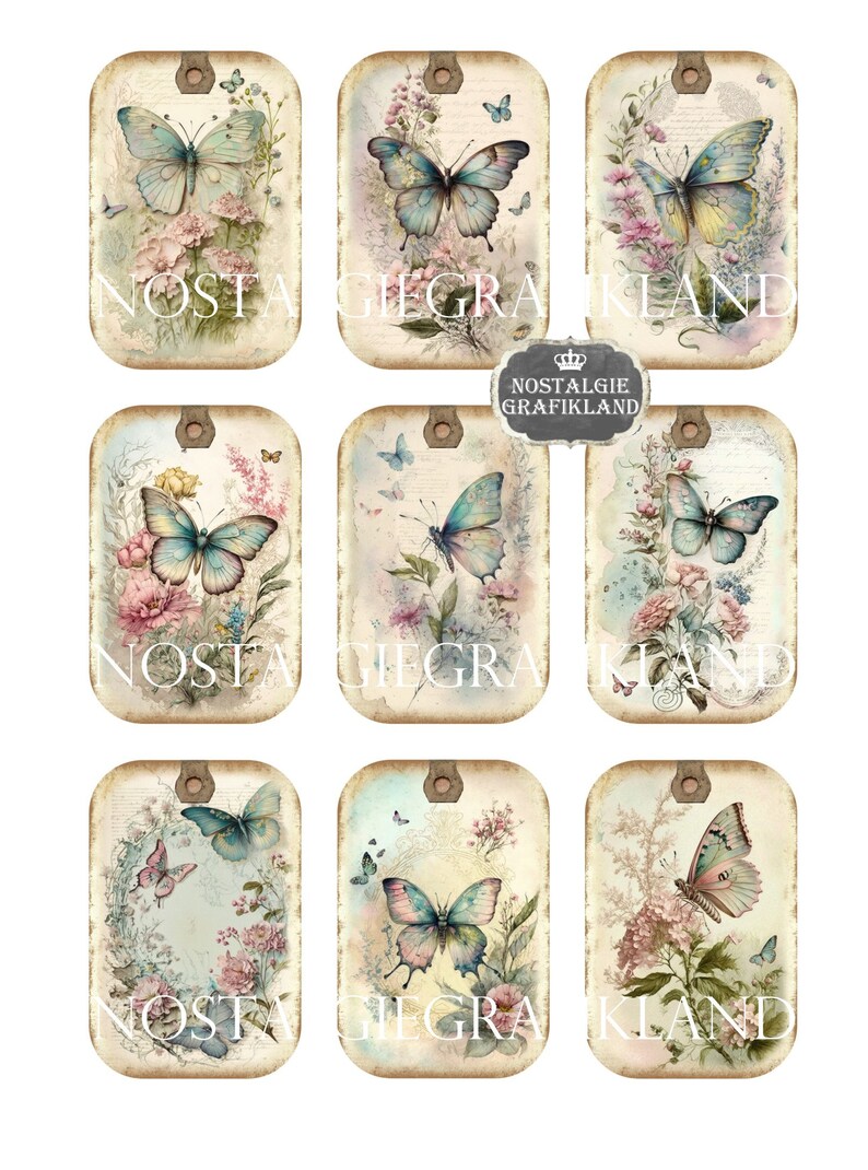 May include: Nine vintage-style gift tags with a watercolor design featuring butterflies and flowers. The tags are rectangular and have a distressed, aged look. Each tag has a hole at the top for string or ribbon.