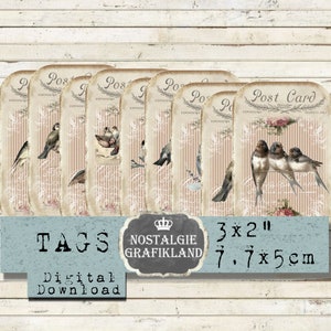 Oiseaux imprimables Swallow Robin Tags Shabby Chic Journaling Ajouter sur la feuille de collage numérique à téléchargement instantané T124