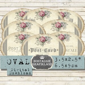 Postcards Labels printable Ephemera Shabby Chic Oval 3.5 x 2.5 inch Instant Download digital collage sheet O116
