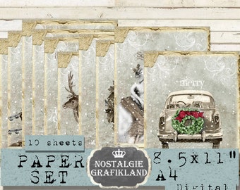 Christmas Grey Shabby Chic Papers printable Vintage Journaling X-mas Download digital collage sheet 8.5 x 11" PPS002