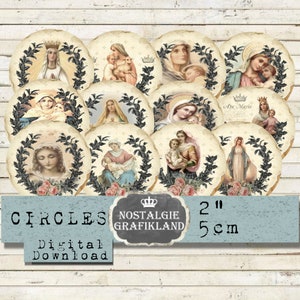 Heilige Maria afdrukbare Shabby Chic Madonna Holycards Journaling Journals Religieuze Kerstcirkels 2 inch Download digitaal collageblad C297