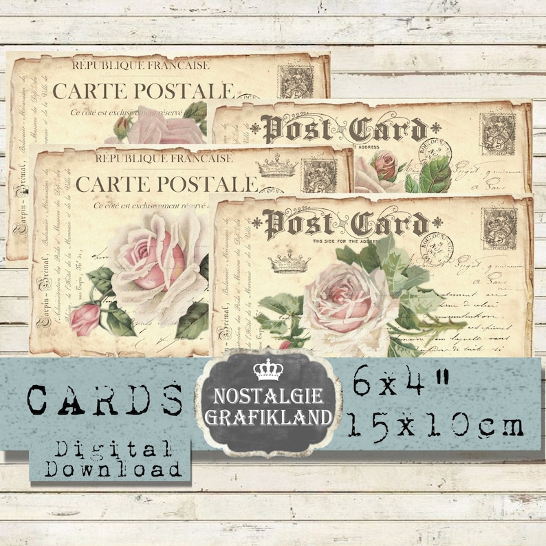 May include: Three vintage-style postcards with a floral design featuring pink roses. The postcards are labeled "Carte Postale" and "Post Card" and have a distressed, aged look. The postcards are 6x4 inches or 15x10 centimeters.