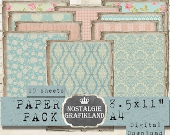 SHABBY CHIC printable Background digital Paper Pack Vintage Damask Strips Roses 8.5x11" PP047