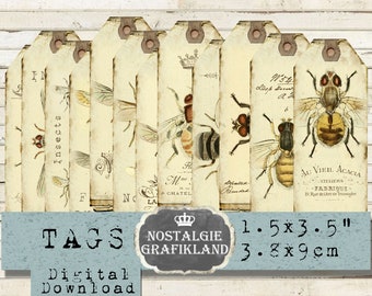 Insects Journal Tags Bee Vintage printable Old Papers narrow Tags Download digital sheet T036