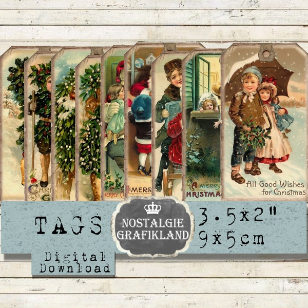 Christmas Tags Children Victorian Old Journaling Xmas Morning Journal prints Elements selfprinting Download digital collage prints T023