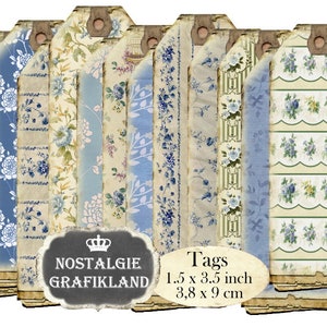 Blue Flowers Tags Journal Vintage printable Old Papers Embellishments narrow Floral Tags Journaling Download digital collage sheet T039