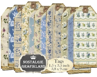Blue Flowers Tags Journal Vintage printable Old Papers Embellishments narrow Floral Tags Journaling Download digital collage sheet T039