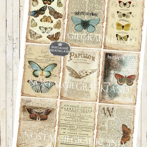 K&ouml;nnte beinhalten: Ein Satz von acht digitalen Druckpapieren im Vintage-Stil mit Schmetterlingen und Text. Die Papiere sind in Creme-, Braun- und Blaut&ouml;nen mit schwarzem Text. Der Text enth&auml;lt die W&ouml;rter "Schmetterling", "Papillon" und "Nostalgie Grafikland".