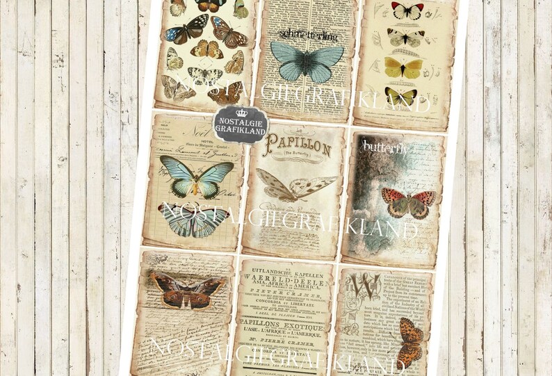 K&ouml;nnte beinhalten: Ein Satz von acht digitalen Druckpapieren im Vintage-Stil mit Schmetterlingen und Text. Die Papiere sind in Creme-, Braun- und Blaut&ouml;nen mit schwarzem Text. Der Text enth&auml;lt die W&ouml;rter "Schmetterling", "Papillon" und "Nostalgie Grafikland".