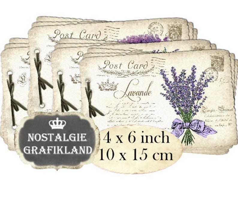 Postcard Lavender French Carte Postale Flowers Provence Shabby Chic Poste printable 6 x 4 inch Instant Download digital collage sheet D280 image 1