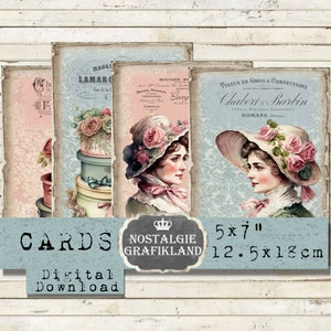 Francês romântico senhoras rosa cartões chiques efêmeras flores papéis imprimíveis 5x7 polegada colagem digital g075
