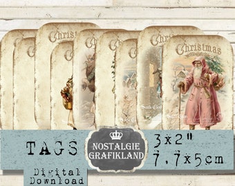 Könnte beinhalten: Satz von sechs Weihnachtsgeschenkanhängern im Vintage-Stil mit einer verwitterten Papierstruktur. Jede Karte zeigt ein anderes Bild vom Weihnachtsmann, einem Weihnachtsbaum und einer verschneiten Dorfszene. Die Anhänger sind 7,7 cm x 5 cm groß und perfekt, um Ihren Weihnachtsgeschenken einen Hauch von Vintage-Charme zu verleihen.