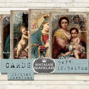Cartões de Natal Santa Maria digitais Madonna Holycards Cartões Vintage Papéis imprimíveis Diário imprime 5x7 polegadas Baixar folha digital G046