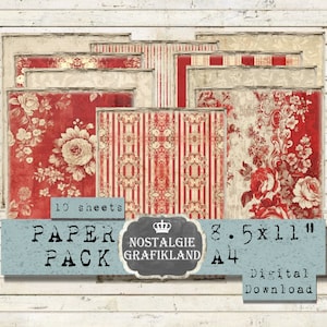 Papeles imprimibles con motivos florales desgastados rojos, paquete de papel, diario basura, álbum de recortes, vintage, hoja de collage digital para descargar, 8,5 x 11 pulgadas, PP006