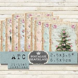 Papiers roses imprimables numériques de Noël Arbre de Noël Père Noël Enfants Journalisation Shabby Chic Cartes ATC Télécharger la feuille de collage S111