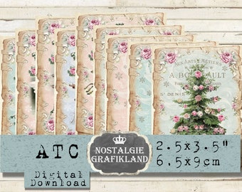 May include: Set of eight vintage-style printable ATC cards featuring a pink and blue color scheme with floral accents and a Christmas tree design. The cards measure 2.5 x 3.5 inches or 6.5 x 9 centimeters. The text on the card reads "AUX ARTS METIERS A. BOKULT FARI S'DENIS FALLL".