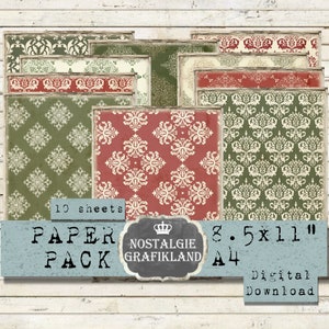 Feuille de collage de papier numérique vintage damassé rouge vert de fond de Noël en détresse, feuille de collage de journaux de Noël vintage 8,5 x 11" PP037