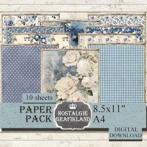 Blaue Blumen Vintage Hintergrund Papiere Papier Pack Scrapbooking Download A4 digital collage sheet PP213