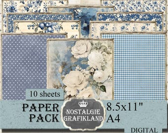 BLUE COLLECTION printable Papers digital Paper Pack Floral Background Vintage Scrapbooking Prints 8.5x11" PP213